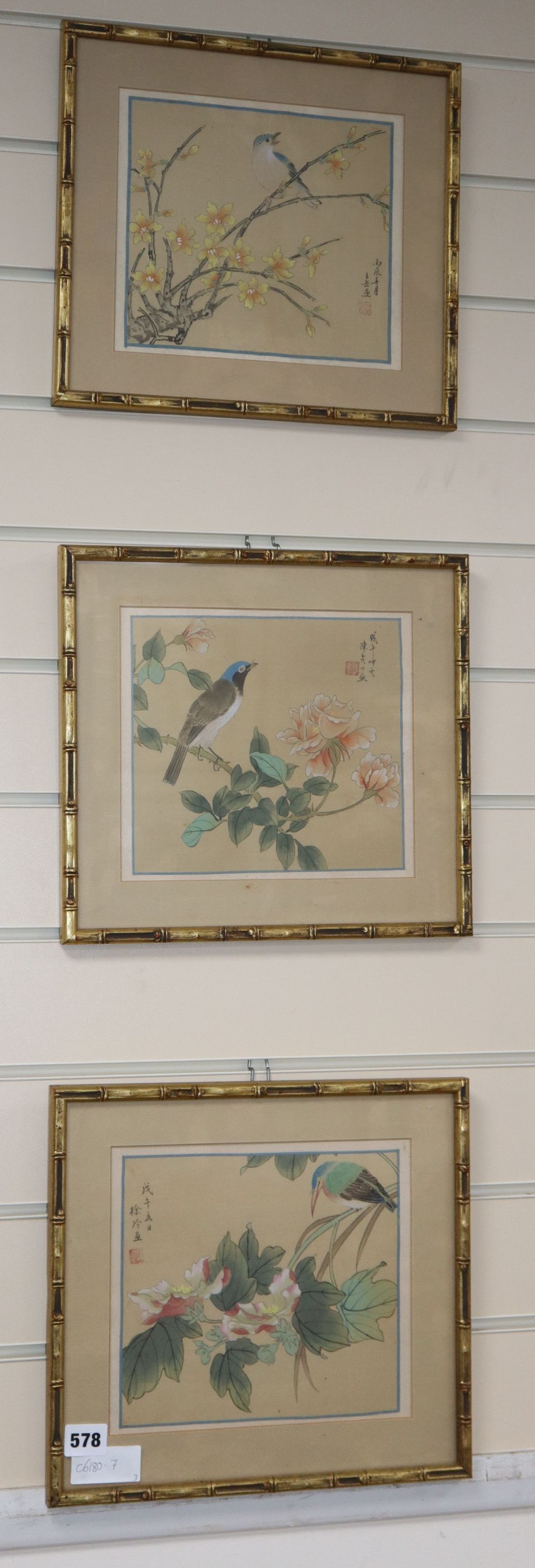 Chinese School, three watercolour on silk studies of birds and flowers, 19 x 21cm